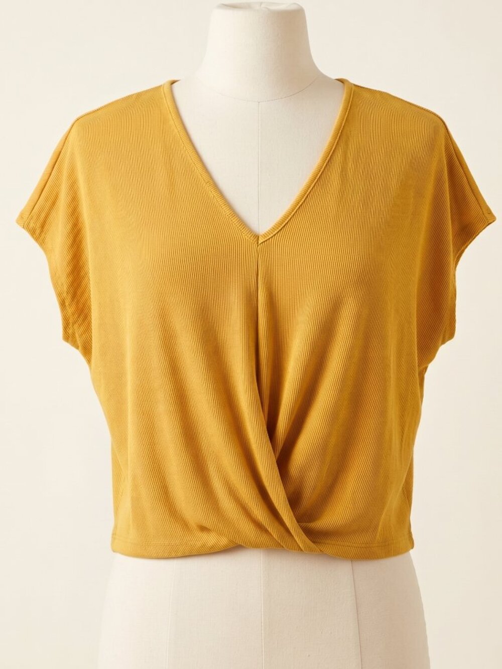 Umgee Mustard Yellow Ribbed Dolman Twist Front Top Small Oversized Boho V-Neck
